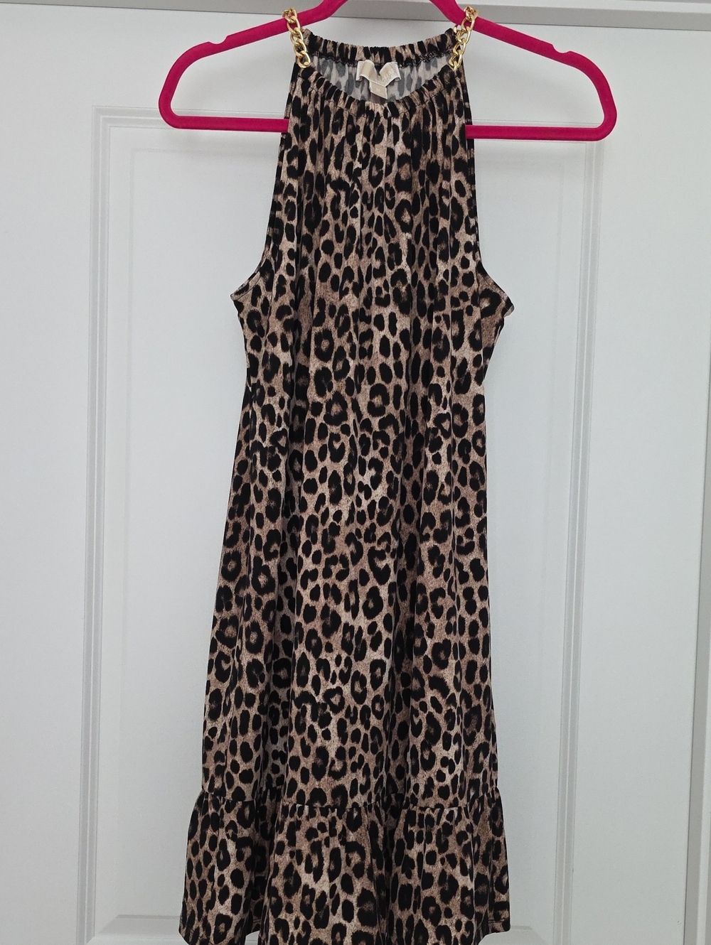 MICHAEL Michael Kors Women's Leopard Halter Dress Tan & Black, Gold Chain Straps